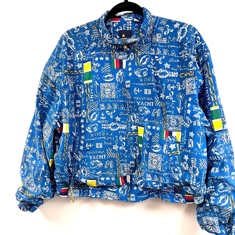 Vtg 90s Lizsport Nautical Yacht Club Windbreaker Jacket Women M Blue Flag Print